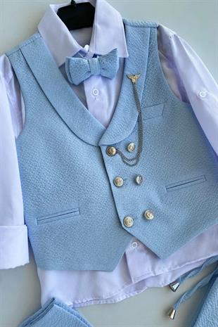 Gofre Lord Yelekli Erkek Çocuk Takım Elbise Bebe Mavi