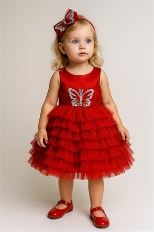 Önü Kelebek Detay Kız Çocuk Elbise Kırmızı