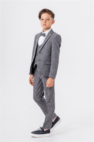 Katyonik Ceketli Yelekli Papyonlu Erkek Çocuk Takım Elbise Gri
