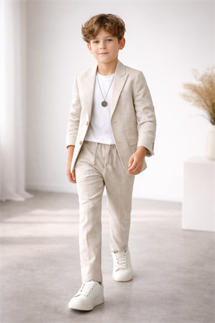 3-14 Yaş Vega Premium Çizgili Kolyeli Keten Çocuk Takım Elbise Krem