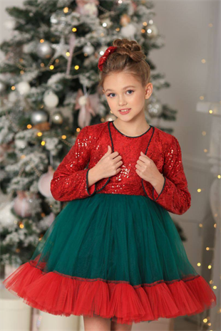 Cepkenli Payetli Kız Çocuk Yeni Yıl Elbise