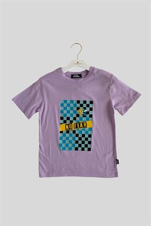 No Fear Baskılı Kareli Erkek Çocuk Tshirt Lila