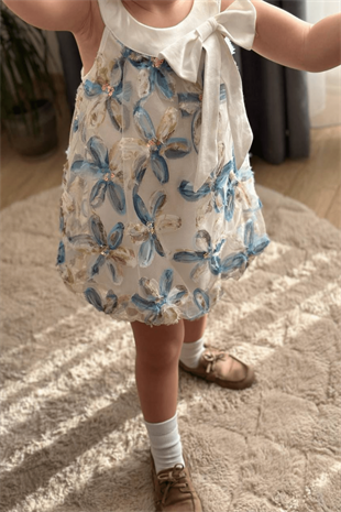 3-10 Yaş Zambak Model Kız Çocuk Elbise Mavi