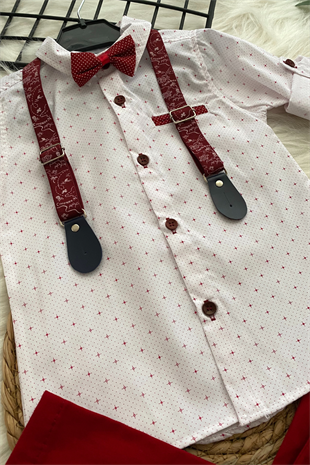 Askılı Papyonlu Desenli Erkek Çocuk Takım Elbise Kırmızı