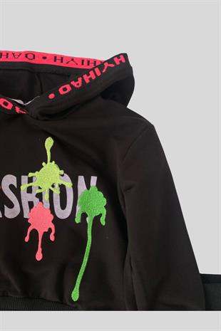 Fashion East Neon Detay Fileli Kız Çocuk Eşofman Takımı Siyah
