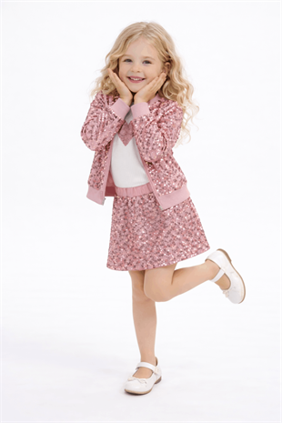 4-10 Payet Ceket ve Şort Etekli 3lü Kız Çocuk Takım Gül Kurusu