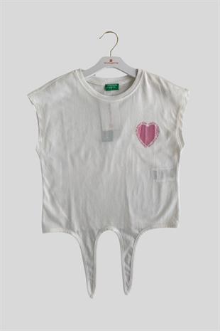 4-14 Yaş Benetton Simli Kalp Baskılı Kız Çocuk Tişört