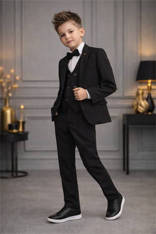 1-16 Yaş Çift Düğme Yelekli Ceketli Erkek Çocuk Takım Elbise Siyah