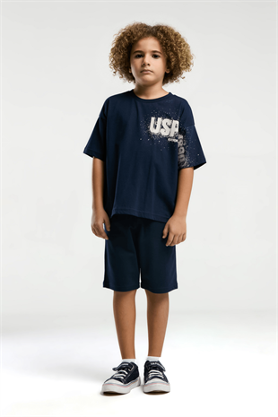 9-15 Yaş U.S Polo Lisanslı Kolu Baskılı Şortlu Erkek Çocuk Takım Lacivert