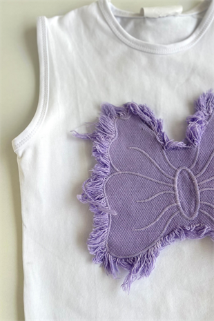 3-14 Yaş Kelebek Armalı Kot Pantolonlu Kız Takım Lila