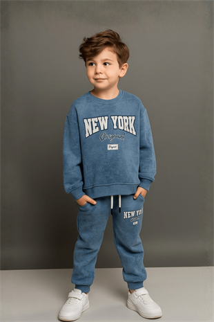5-14 Yaş New York Batik Desen Erkek Çocuk Takım Mavi