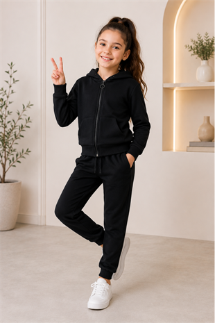 6-14 Yaş Fermuarlı Kapüşonlu Basic Unisex Çocuk Takım Siyah