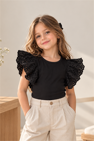 3-10 Yaş Omuzları Dantelli Kız Çocuk Bodysuit Siyah