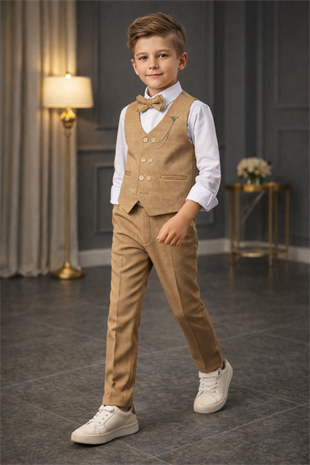 Matrix Yelekli Zincirli Erkek Çocuk Takım Elbise Camel 