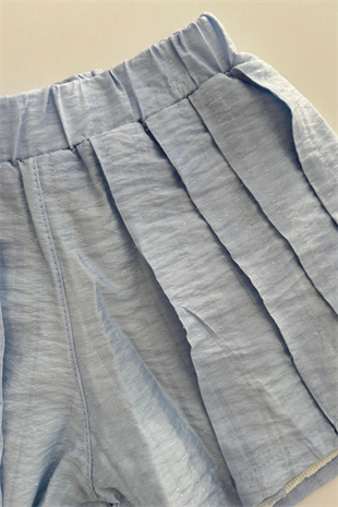 2-5 Yaş Taşlı Gömlekli Şort Etekli 3lü Kız Çocuk Takım Mavi