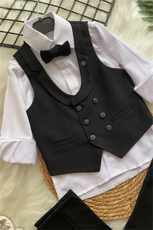 Katlama Detay Yelekli Rozetli Çocuk Takım Elbise Siyah