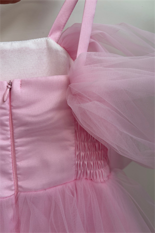 5-10 Yaş Lisa Beli Taş Detaylı Kat Kat Kız Çocuk Abiye Elbise Pembe