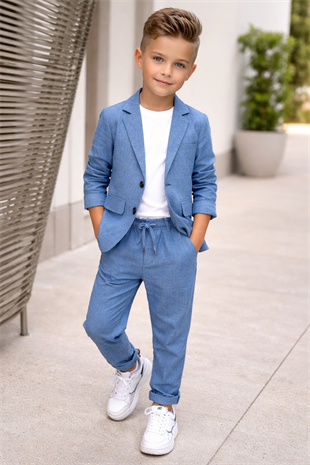 2-13 Yaş Premium Tişörtlü Başak Doku Keten Çocuk Takım Elbise İndigo