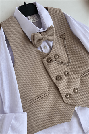 Matrix Yelekli Zincirli Erkek Çocuk Takım Elbise Latte