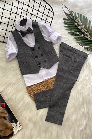 Yelekli Papyonlu Katyonik Erkek Çocuk Takım Elbise Gri