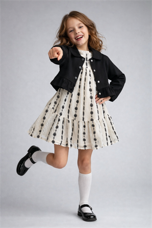 4-8 Yaş Gabardin Ceketli Nakışlı Kız Çocuk Elbise Siyah