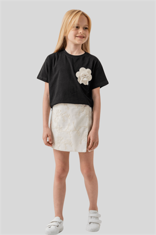 4-8 Yaş Keten Şort Etekli Kız Çocuk Takım Siyah