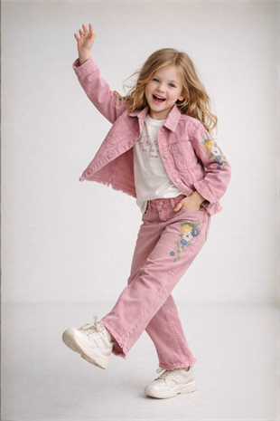 4-8 Yaş Kolları Nakışlı Ceketli Gabardin 3lü Kız Çocuk Takım Gül Kurusu