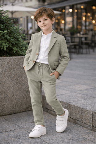 2-5 Yaş Nona Ceketli Keten Gömlekli Erkek Takım Elbise Çağla Yeşili