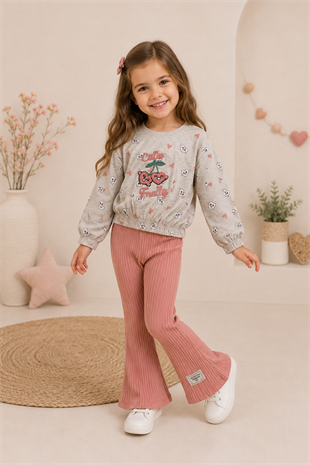 3-7 Yaş Cutie Fruit İspanyol Pantolonlu Kız Çocuk Takım Pudra