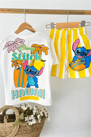 2-8 Yaş Stitch Baskılı Şortlu Erkek Çocuk Takım Sarı