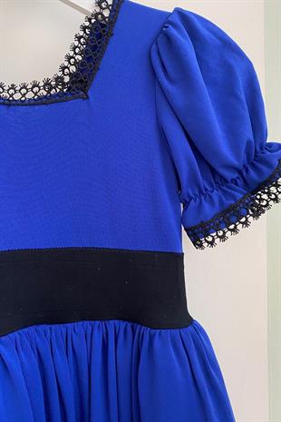 Yakası Dantel Detay Kısa Kol Bebek Elbise Mavi