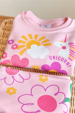 2-8 Unicorn Desenli İspanyol Taytlı Kız Çocuk Takım Pembe