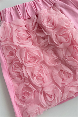 4-10 Yıldız Detay Şort Etekli Güllü Takım Pembe