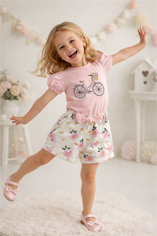 3-7 Yaş Bisikletli Alt Şortlu Çiçekli Kız Çocuk Takım Pembe