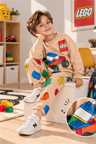 3-10 Yaş Lego Baskılı Erkek Çocuk Eşofman Takımı Latte