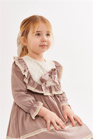 2-8 Yaş Güpür Detay Retro Kız Çocuk Elbise Sütlü Kahve