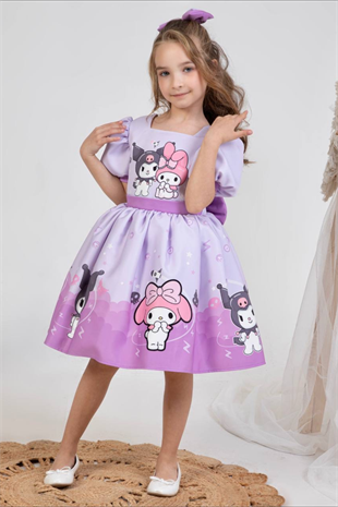 Kuromi Melodi Kısa Kol Kız Çocuk Elbise Lila