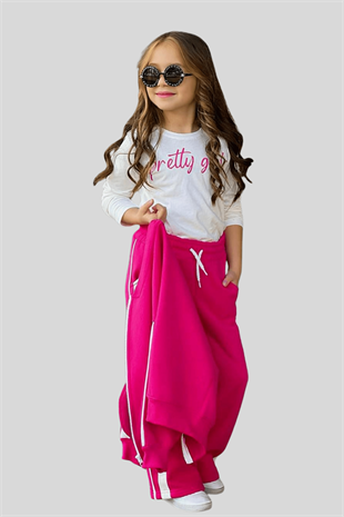 5-14 Yaş Candy Pretty Şeritli Kız Çocuk Takım Fuşya
