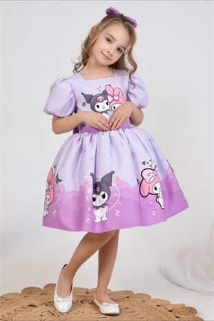 Kuromi Melodi Kısa Kol Kız Çocuk Elbise Lila