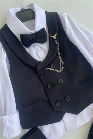 Smart Katlamalı Yelekli Çocuk Takım Elbise Siyah