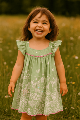4-8 Yaş Payet Detay Biyeli Çiçekli Elbise Yeşil