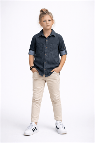 3-12 Yaş Tensel Gömlekli Gabardin Pantolonlu Çocuk Takım Füme