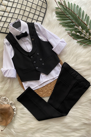 Katlama Detay Yelekli Rozetli Çocuk Takım Elbise Siyah