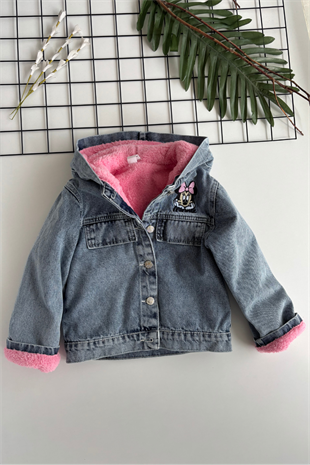 4-12 Yaş Sevimli Karakter Peluş Detay Çocuk Kot Mont Pembe