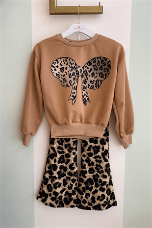 3-10 Yaş İspanyol Leo Pantolonlu Kız Çocuk Takım Sütlü Kahve