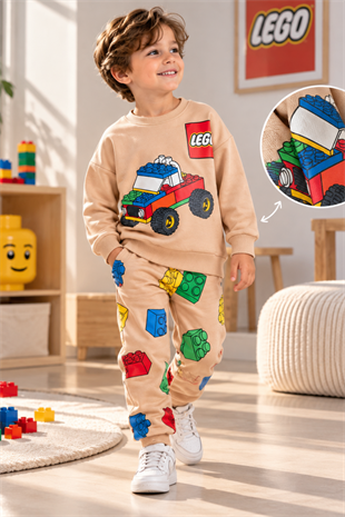 3-10 Yaş Lego Baskılı Erkek Çocuk Eşofman Takımı Latte