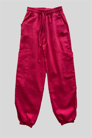 8-14 Yaş Cep Detay Keten Kız Çocuk Pantolon Fuşya