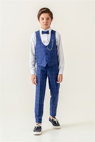 Karo Ekose Yelekli Zincirli Çocuk Takım Elbise Sax