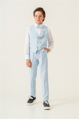 Gofre Lord Yelekli Erkek Çocuk Takım Elbise Açık Mavi