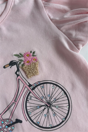 3-7 Yaş Bisikletli Alt Şortlu Çiçekli Kız Çocuk Takım Pembe